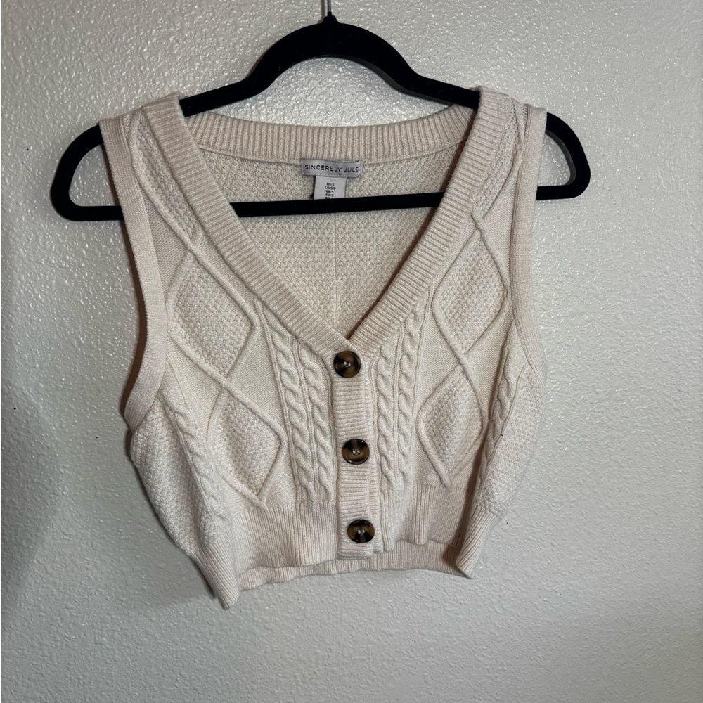 Sincerely Jules Cream Cable Knit V-Neck cropped Sweater Vest